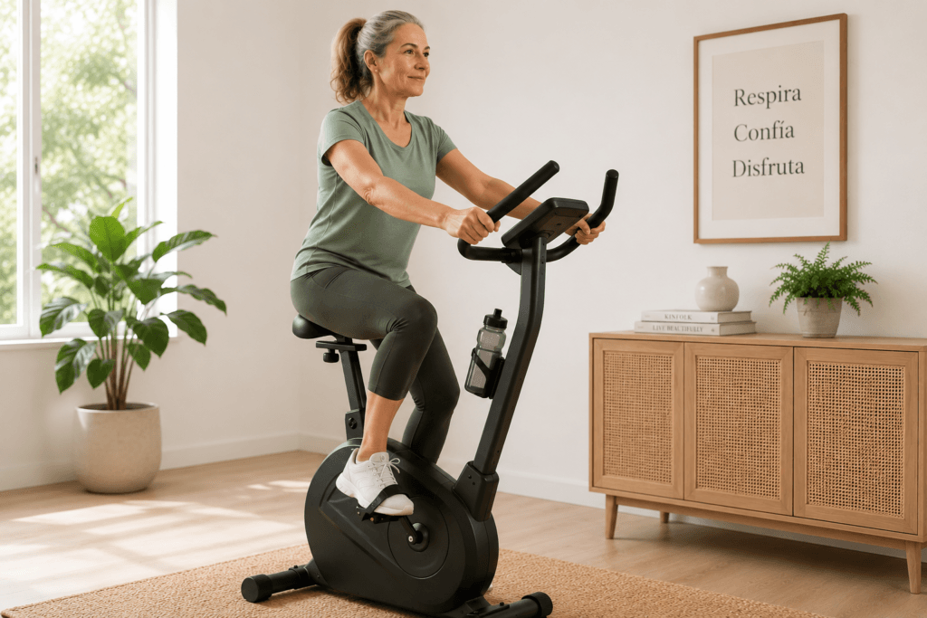 Mujer entrenando con bicicleta estática en casa en un espacio cómodo y luminoso