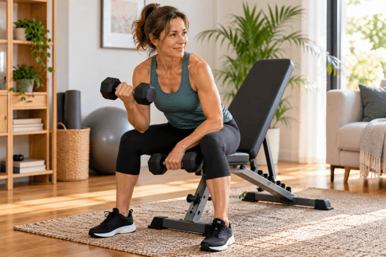Mujer entrenando con mancuernas y banco de musculación en casa