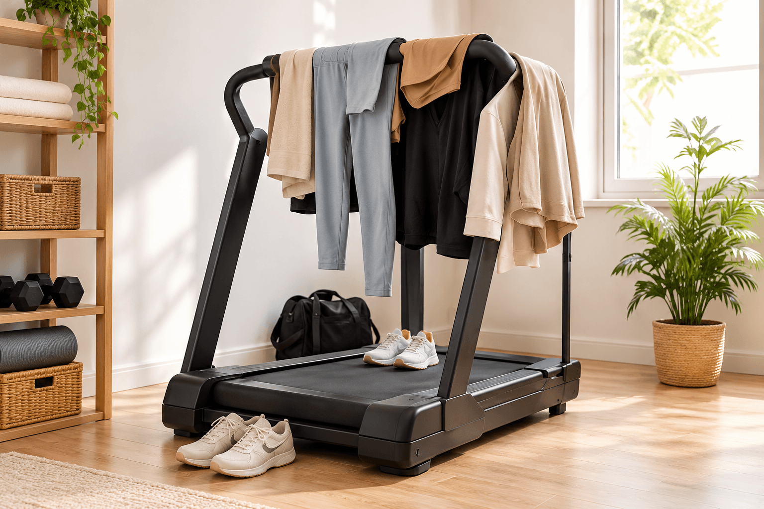 Cinta de correr utilizada como perchero en casa