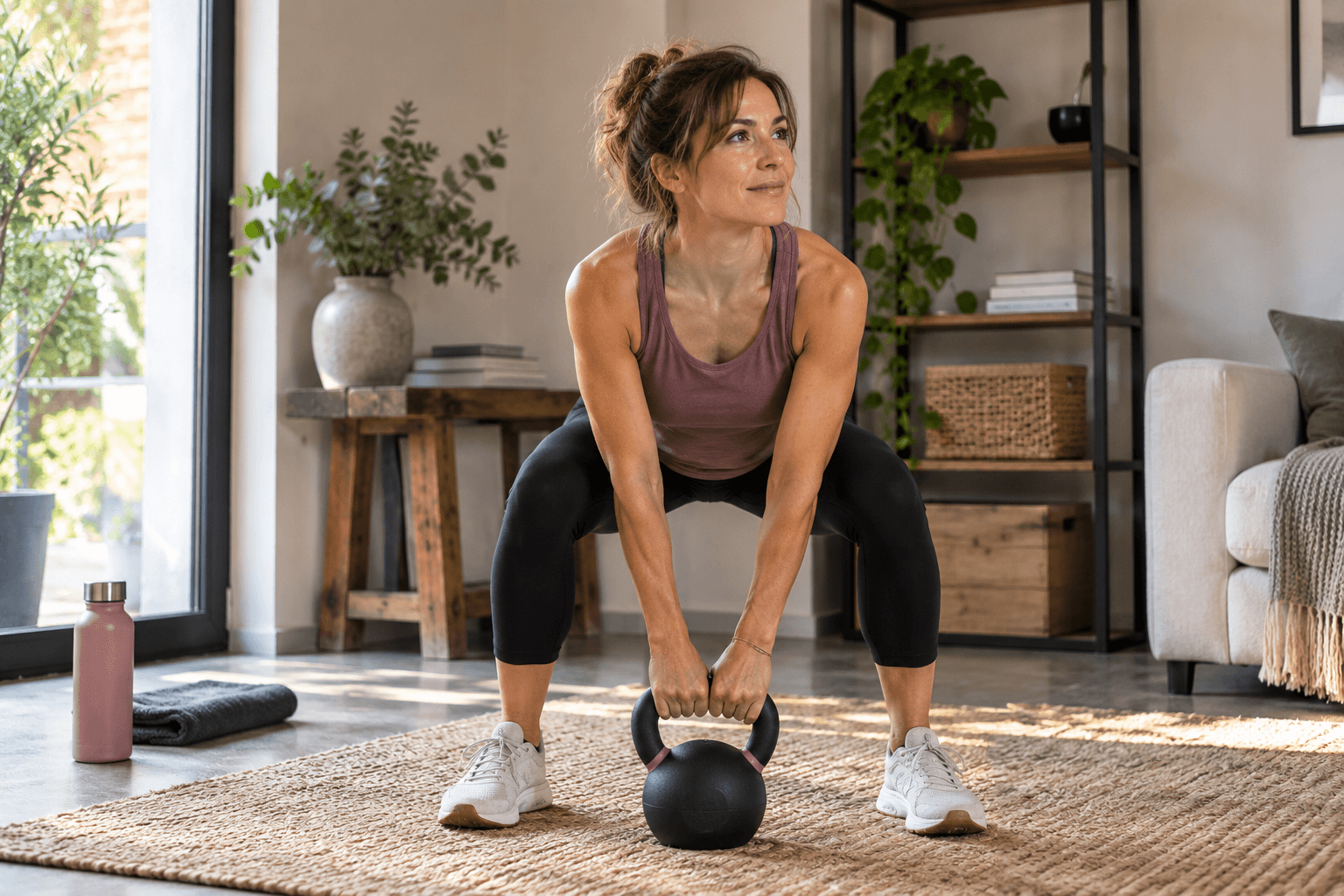 Mujer joven sonriendo mientras entrena con una kettlebell en un salón
